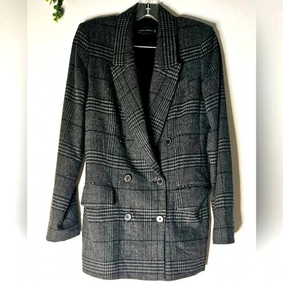 Zara Plaid Double Breast 6 buttons sz XS/S Oversized Pocket longline Blazer - Picture 1 of 10